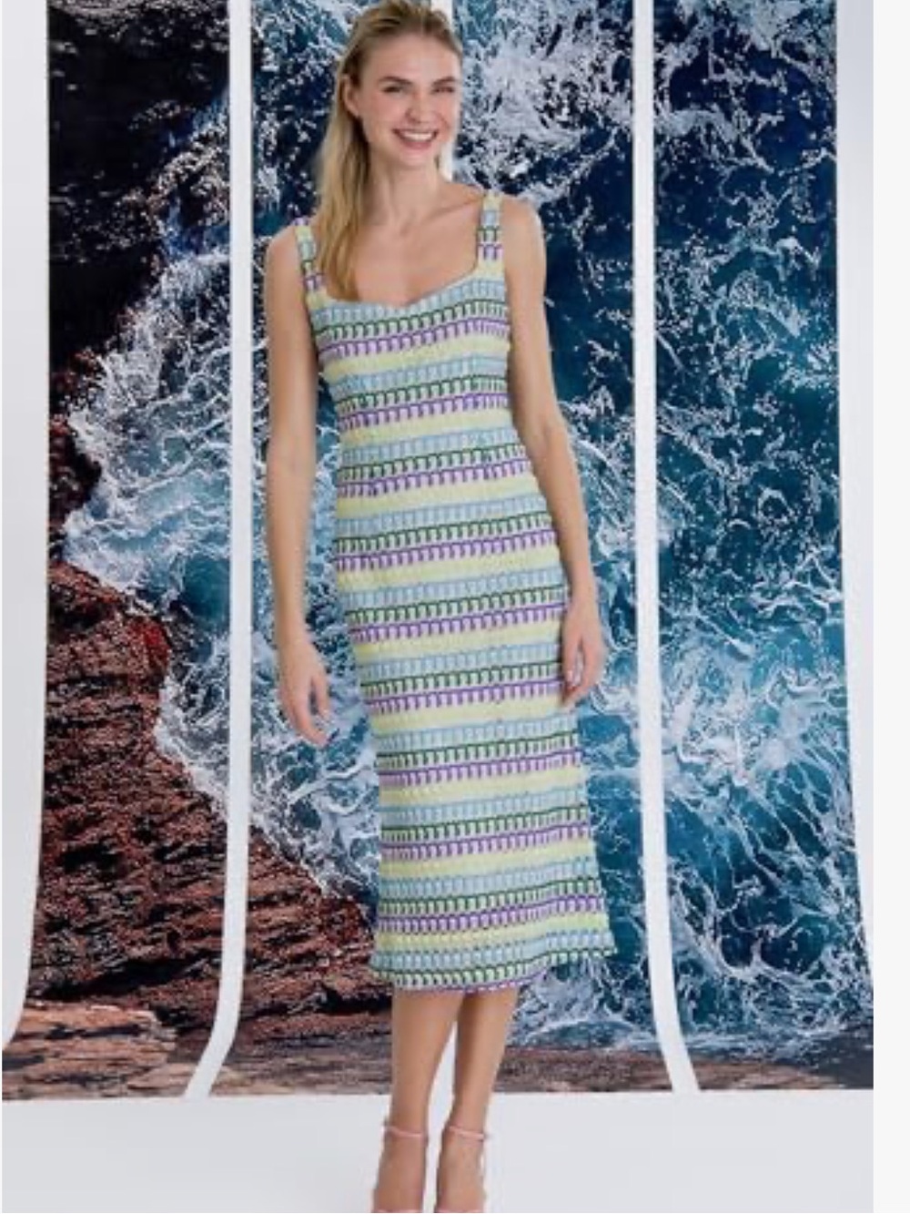 Donna Morgan Striped Square-Neck Midi Dress in Pastel Green and Lilac